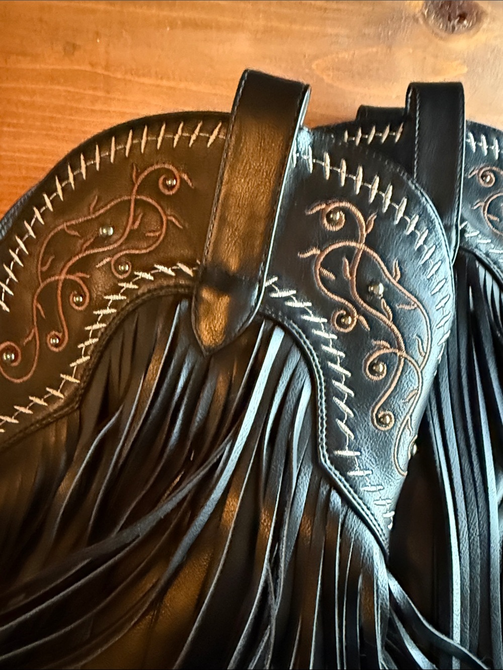 Black Fringe Western Heeled Boots with Copper Embroidery - Picture 4 of 5
